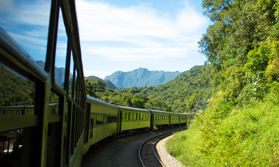 vagões de um trem passando por trilhos que vão de Curitiba a Morretes